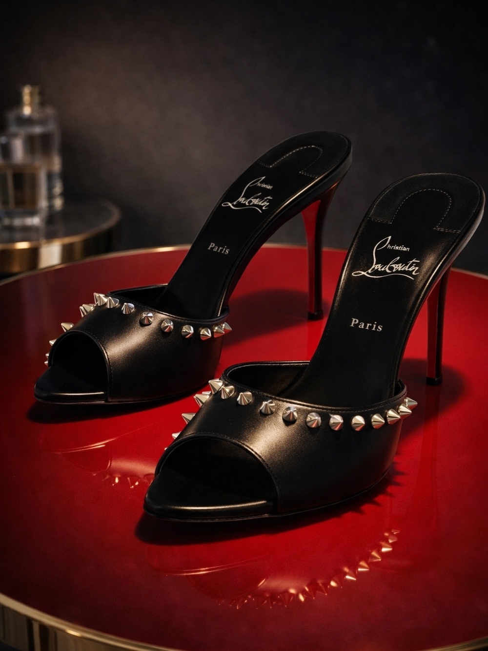 Christian Louboutin Black Leather Studded Peep-Toe Mules with Red Sole